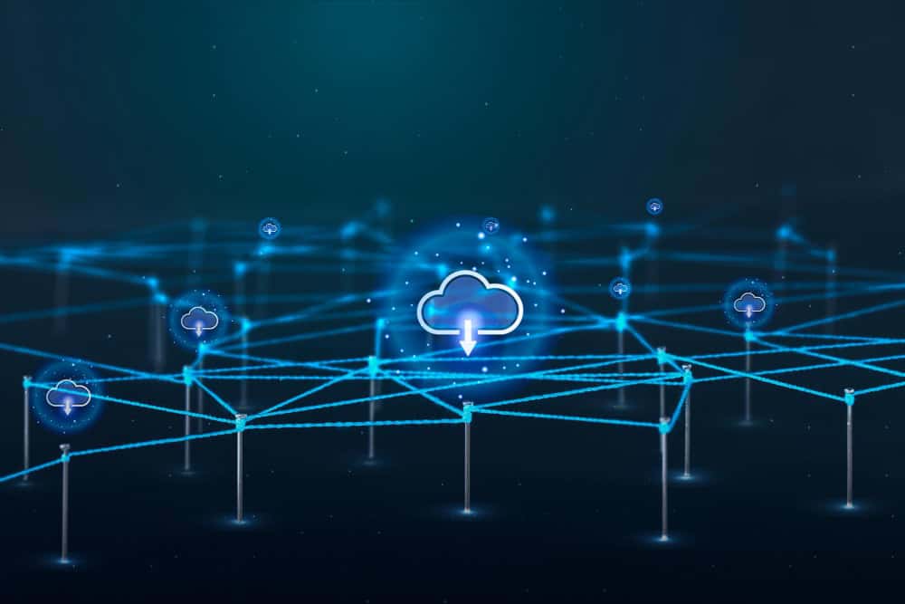 Cloud computing and digital network security concept with interconnected cloud icons and data transfer lines.