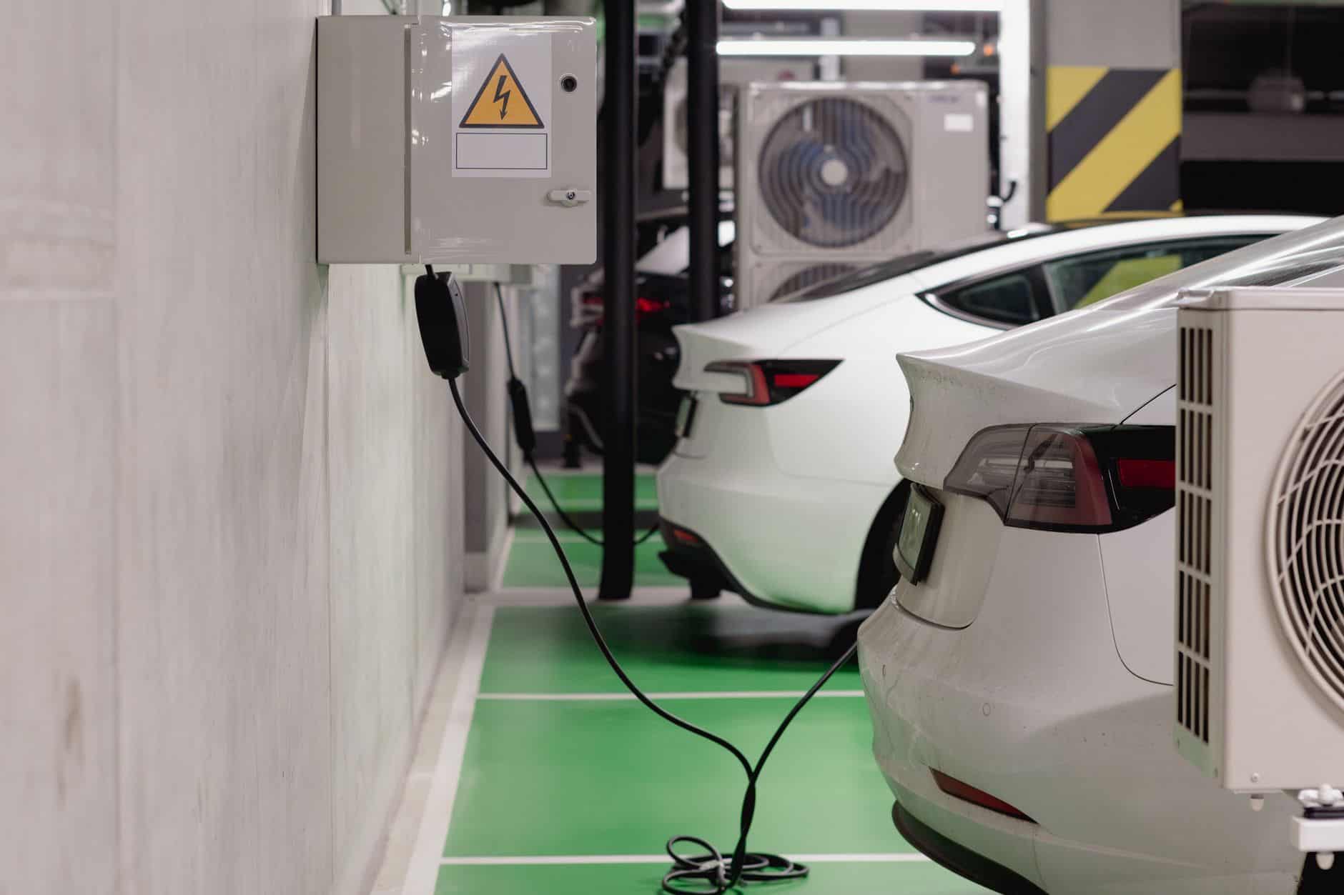 Electric cars charging in an underground car park